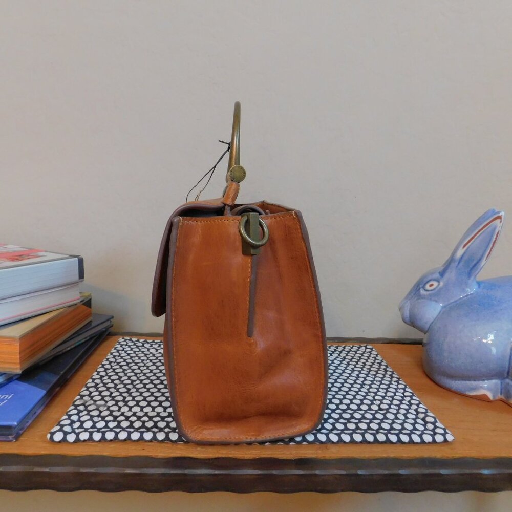 NWT Frye Farrah cognac leather satchel metal top handle tote bag crossbody purse - Picture 3 of 16